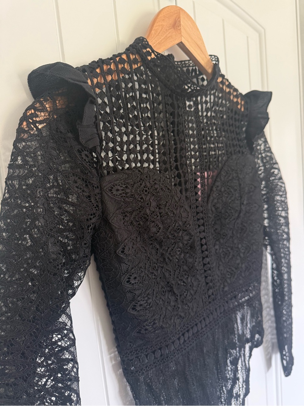 NWT Hello Molly Black Lace Long Sleeve Bodysuit Not That Easy Ruffle Mock Neck 2 - Picture 4 of 9